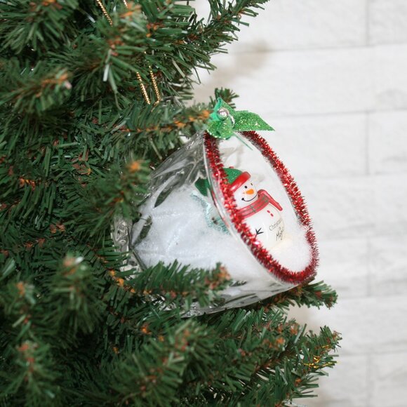 HAND CRAFTED Christmas Ornament Upcyled Teacup Snowman Plaid Winter Scene Red - Picture 2 of 9